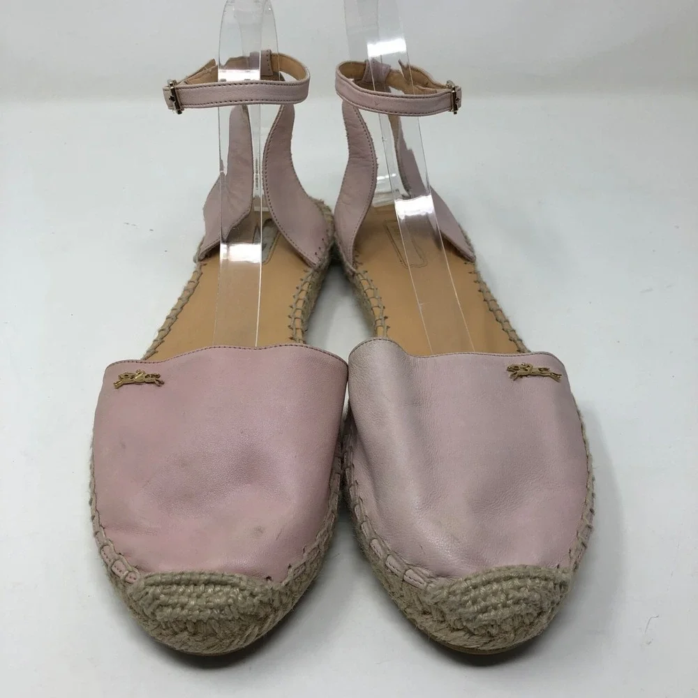 Longchamp Espadrilles Flats Womens 41 US 10 Pink Leather Ankle Strap Summer Boho